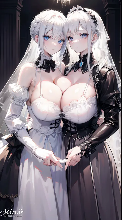 White color hair，Striped hair, french braid, mismatched pupils, Chiaroscuro, back lit lighting, Gothic art, 16k, Best quality, Anatomically correct, High details，wedding gown，(huge tit)，cleavage，White panty hose，(Pubic bone)，(mier)，(Two girls)，(Hand in han...