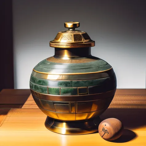 Antique artifacts，The bottle is placed on a boxwood table，Total height 28 cm，There is a lid on it，The buckle is tight，The shape of this gold, platinum, copper bottle，It resembles a copper cleaning bottle unearthed by the shrine monk Tataki，It can be conclu...