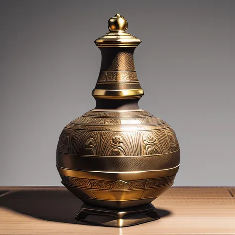 Antique artifacts，The bottle is placed on a boxwood table，Total height 28 cm，There is a lid on it，The buckle is tight，The shape of this gold, platinum, copper bottle，It resembles a copper cleaning bottle unearthed by the shrine monk Tataki，It can be conclu...