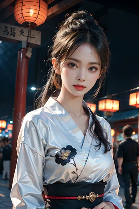 电影灯光，(((tmasterpiece))), ((best qualtiy)), ((intricate and detailed)), ((Ultra-realistic realism)), 4K,1beautiful woman, 25-years old, poneyTail,Ultra-fine yukata,beautiful countenance,Beautiful brown eyes,face perfect,A slender,large full breasts,having a...