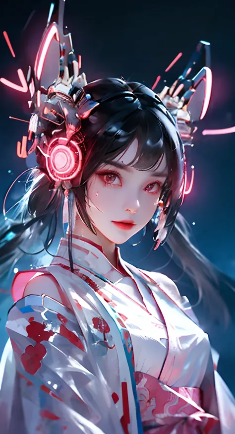 1 girl, Chinese_Clothes, liquid silver and pink, cyberhan, dressed in a pink kimono, Cyberpunk City, Dynamic Pose, glowing headphone, glowing hair accessories, Long hair, glowing earrings, glowing necklace, Cyberpunk, High-tech City, Full of mechanical and...