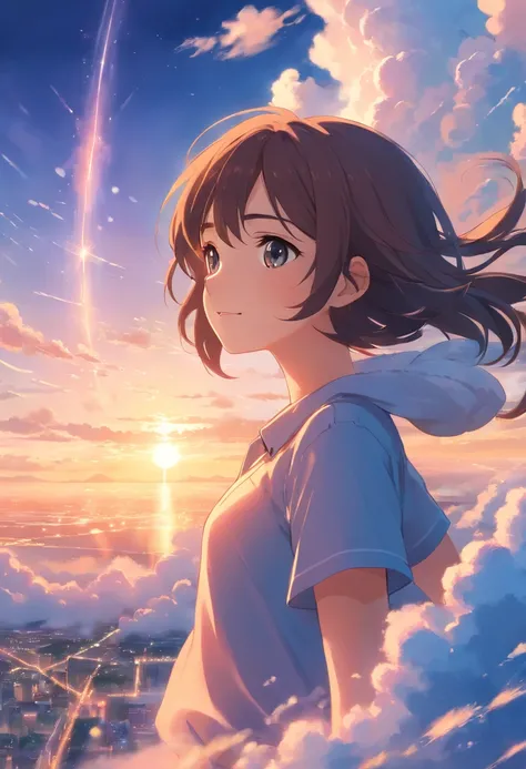 masterpiece, best quality, movie still, 1girl, cloud girl, floating in the sky, close-up, bright, happy, warm soft lighting, sunset, (sparks:0.7)