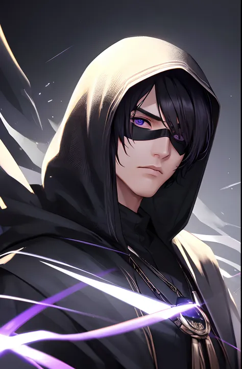 kk, best quality, more details, masterpiece, 1man, 30 years old, male focus, solo, black background, bangs,  Eagle bird symbol on background, An assassin man in a black hooded suit, black eye mask, purple eyes, eyes emit lightsharp look, short hair, black ...