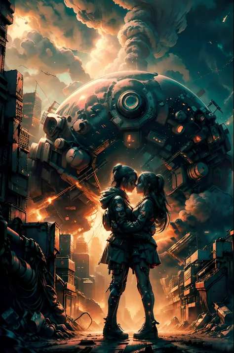 two girls kiss (they hide their lips) on a dystopian, post-apocalyptic city street, with an atomic bomb explosion on the horizon. Dark night, neon lights. cyberpunk style. high quality image