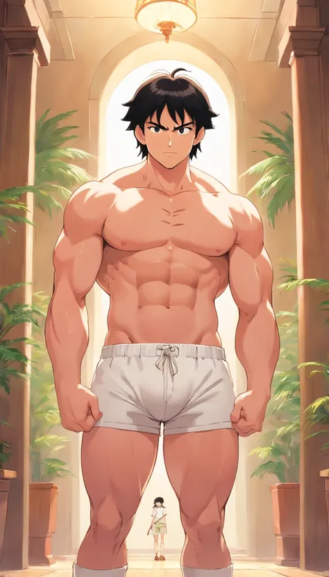 giant heavy muscular anime man, handsome, tall, white underpants, white pale skin, black short hair, huge pecs, long arms, wide shoulder, giant palm hand, chest exposed, stand up proudly, small narrow room