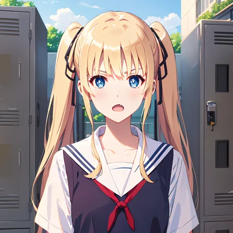 ph_eriri, sawamura spencer eriri, 1girl, blonde hair, blue eyes, school uniform, twintails, solo, fang, long hair, open mouth, h...