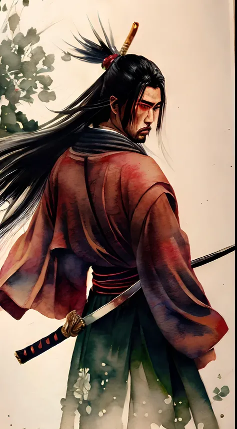 "(La mejor calidad, Altas Resoluciones, Arte de la acuarela:1.2), Legendario guerrero samurai, Detalles intrincados, tinta fluida, obras de arte tradicionales japonesas, colores vibrantes, Dramatic lighting, Epic battle scene, Fearless expression, katana, ...