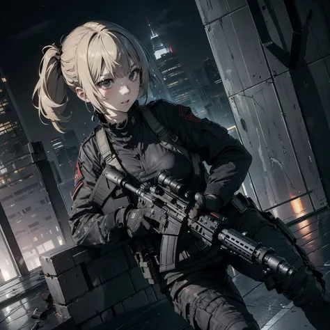 (Trained female soldiers)、((Aiming with a rifle:1.4、Sniper stance、guns、h&K HK416))、1 Women、thick body、(Black combat uniform)、(platinum-blonde-hair:1.2)、((超A high resolution))、Detail Write、​masterpiece、top-quality、extremely details CG、8K picture quality、Cin...