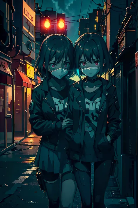 two girls kiss (they hide their lips) on a dystopian, post-apocalyptic city street, with an atomic bomb explosion on the horizon. Dark night, neon lights. cyberpunk style. high quality image