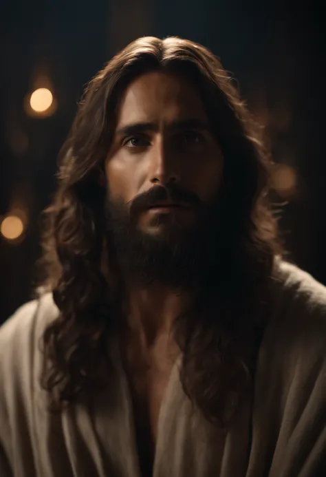 "Close-up ultra-realista em 8k de Jesus Cristo, com cabelos compridos e barba."