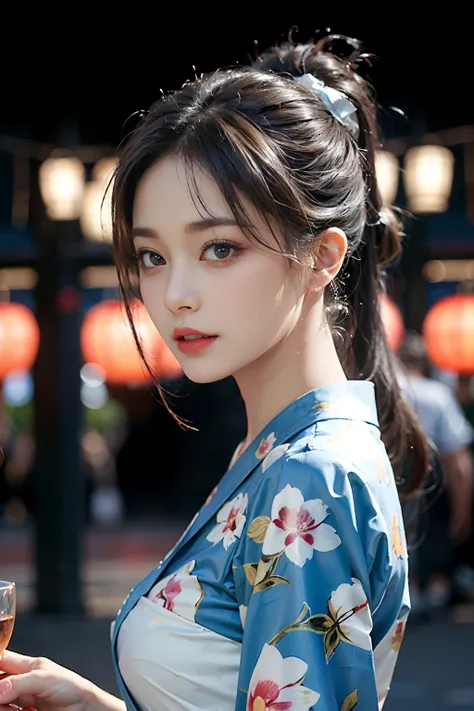 电影灯光，(((tmasterpiece))), ((best qualtiy)), ((intricate and detailed)), ((Ultra-realistic realism)), 4K,1beautiful woman, 25-years old, poneyTail,Ultra-fine yukata,beautiful countenance,Beautiful brown eyes,face perfect,A slender,large full breasts,having a...