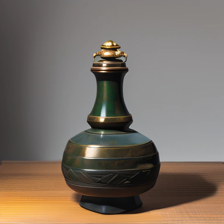 Antique artifacts，The bottle is placed on a boxwood table，Total height 28 cm，There is a lid on it，The buckle is tight，This copper, Bronze bottle in white gold，It resembles a copper cleaning bottle unearthed by the shrine monk Tataki，It can be concluded tha...