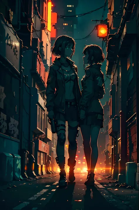 two girls kiss (they hide their lips) on a dystopian, post-apocalyptic city street, with an atomic bomb explosion on the horizon. Dark night, neon lights. cyberpunk style. high quality image