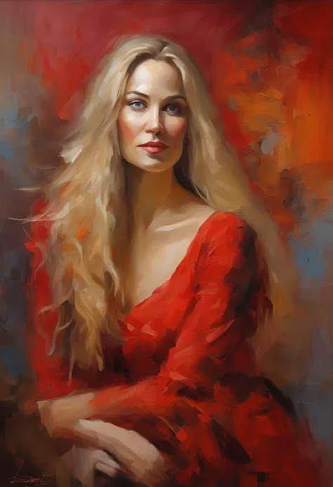 Female portrait, beautiful Nordic woman, long blond hair, smiling eyes, looking at camera, smiling mouth, low cut red dress, acrylic painting, bold and expressive brushwork, impressionistic style, detailed face, epic surreal background, very heavy brushstr...