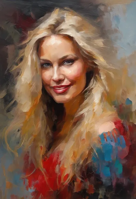 Female portrait, beautiful Nordic woman, long blond hair, smiling eyes, looking at camera, smiling mouth, low cut red dress, acrylic painting, bold and expressive brushwork, impressionistic style, detailed face, epic surreal background, very heavy brushstr...