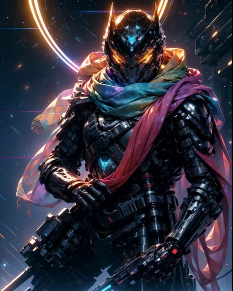 realistic,shiny,reflective,bioluminic, galactic cybernetic mask,mecha,(assassin:1.2),((((scarf,long cloak)))),sh4g0d,glowingrune...