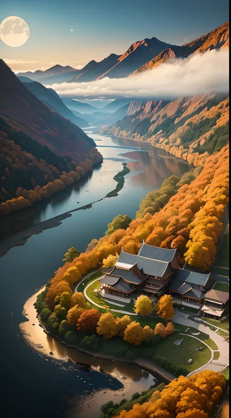 Mid-Autumn Festival，ultra-wide-angle，Thousands of miles of rivers and mountains，Moon，ancient buildings，surrounded by cloud，Autumn leaf yellow，artistic conception，zen feeling，grand，Ultra-realistic details，real photograph，DJI aerial photography，Front view