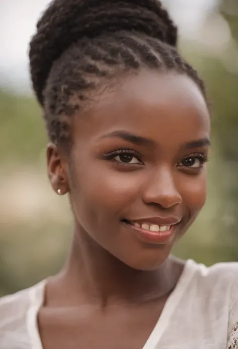 An African woman，ssmile，whitet-shirt