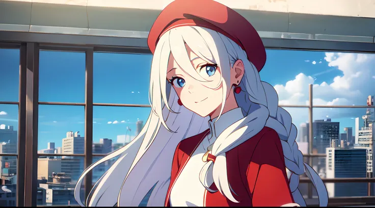 masterpiece, best quality, 1girl, solo, very long hair, hair between eyes, white hair braids, blowing hair, earrings, red beret, light blue eyes, sky, crop top white shirt, red open leather jacket, close up, look at viewer, city, light smile