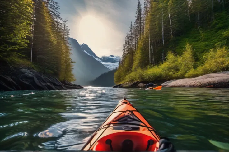 Beautiful view from the front of a kayak in Alaska, bright sunlight, stunning nature,  Shot on vast scale, in super wide angle shot, Black magic cinematic camera. Professional photography. HDR, UHD 32k. --AR 16:9, --v 5.2