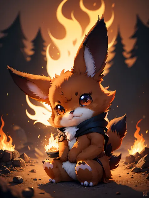 Un chat monstre assis devant un feu, digital art, par Kanbun Master, furry art, Renard de League of Legends Chibi, 240p, Joe GB Fenton, Eevee, debout dans le feu, Cute Pokémon style, avatar image, Portrail of a cute monster, Design adorable, il