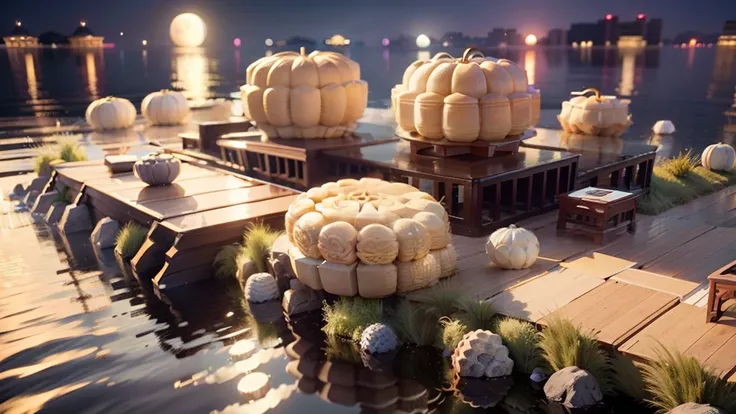 Mooncakes form a huge stage for performance，Background of river flow，Bright moon，best qualtiy，3D modeling rendering，C4D style，wide wide shot，8K，More than half of the sky do not appear in the city  （Water at night）