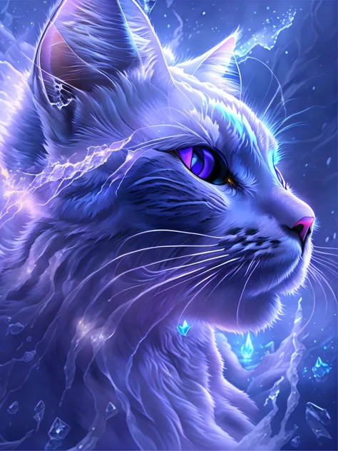 （Ice Cat God），God of Ice Destruction，A cat god suddenly appeared from the icy world，Freeze the world，Emerging from the blue mist，Full body ice work, （Purple Flame：1.3），Cats, nffsw, Anatomically correct, hight resolution, high details, 4K