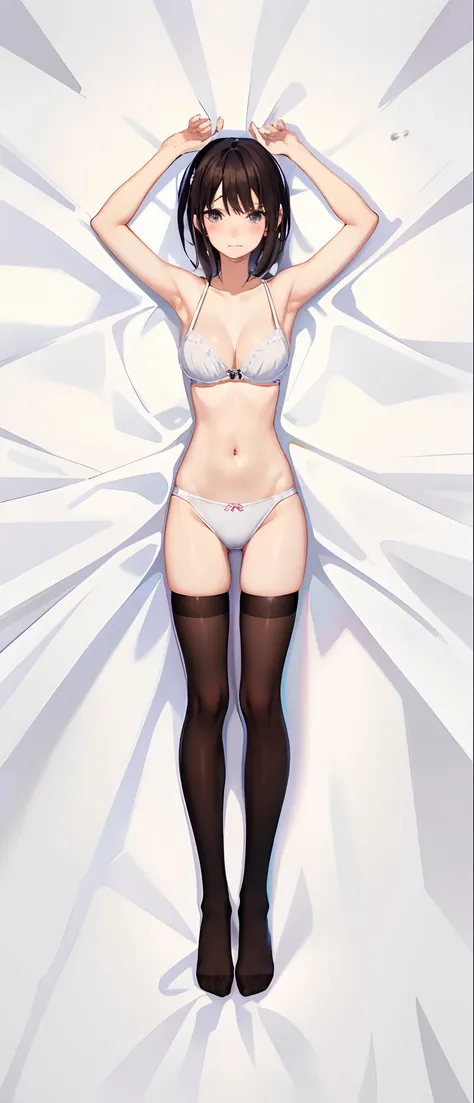 (masutepiece), Expressive eyes, Perfect face, 1 schoolgirl, Embarrassed look, Pure white bra, No shoes、No shoes on、Thin black thigh-length stockings、Pure white panties、Lying on a white bed、Brown middle hair