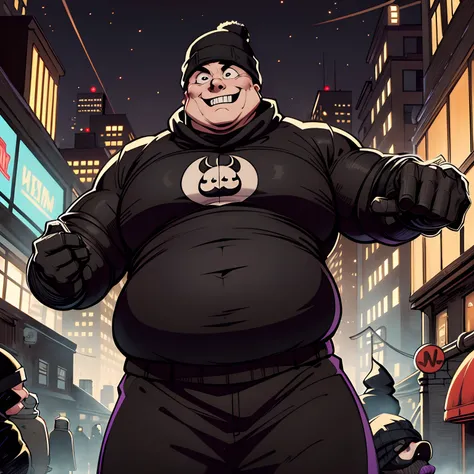 fat man, robber, wearing a black sweater, black beanie hat, bald, creepy laugh, gotham city alley background, night time