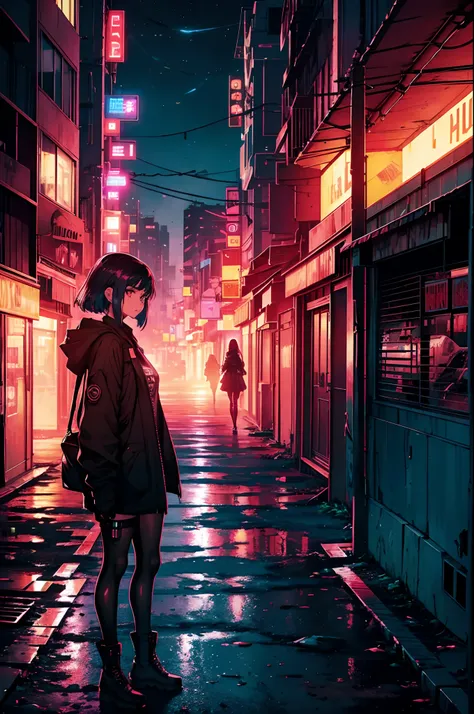 duas meninas se beijam (hide their lips) about a dystopian, Post-apocalyptic city street, with an atomic bomb explosion on the horizon. noite escura, neon lights. estilo cyberpunk. imagem de alta qualidade