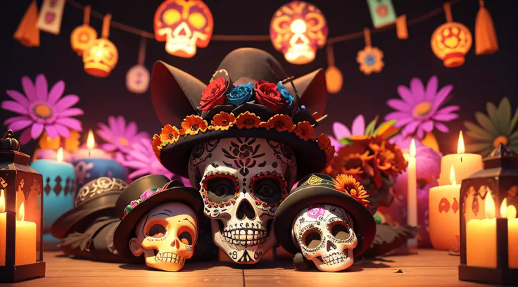 Mexicos Day of the Dead, Calavera individual, Sugar skull, catrina, colores vibrantes, Calendula flowers, Patrones intrincados, Enredaderas curvas, Ojos juguetones, Espacio limitado, Recuerdo gozoso en 3d