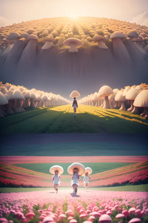 realistic photo of children dressed in white running through a field of giant, colorful mushrooms