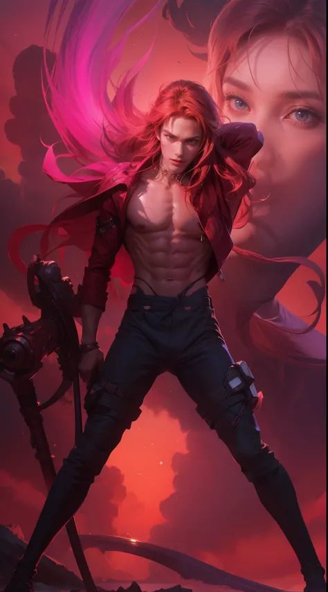 (max resolution: 1.2), (Ultra HDTV: 1.2), 8K resolution, Eye and skin details, face details, , (Sharp focus: 1.2), (Precise focus) sharp face: 1.2), Boy, Standing, Long hair, Red hair, Shirtless, Exposed pecs, Six pack abs, transparent white briefs, Summer...