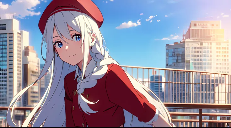 masterpiece, best quality, 1girl, solo, very long hair, hair between eyes, white hair braids, blowing hair, earrings, red beret, light blue eyes, sky, crop top white shirt, open red jacket, close up, look at viewer, front view, city, light smile