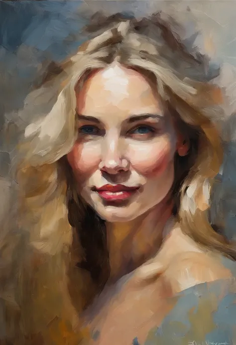 Female portrait, beautiful Nordic woman, long blond hair, smiling eyes, looking at camera, smiling mouth, low cut dress, acrylic painting, bold and expressive brushwork, impressionistic style, detailed face, epic surreal background, very heavy brushstrokes...