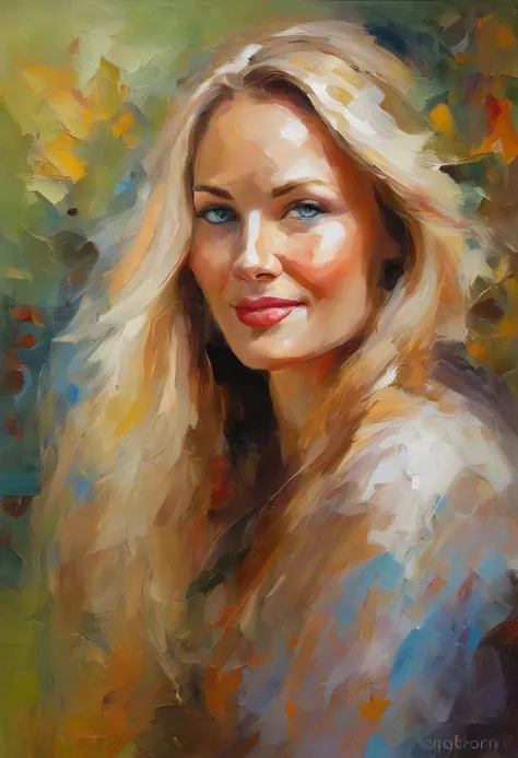 Female portrait, beautiful Nordic woman, long blond hair, smiling eyes, looking at camera, smiling mouth, low cut dress, acrylic painting, bold and expressive brushwork, impressionistic style, detailed face, epic surreal background, very heavy brushstrokes...