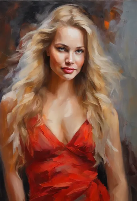 Female portrait, beautiful Nordic woman, long blond hair, smiling eyes, looking at camera, smiling mouth, low cut red dress, acrylic painting, bold and expressive brushwork, impressionistic style, detailed face, epic surreal background, heavy brushstrokes ...