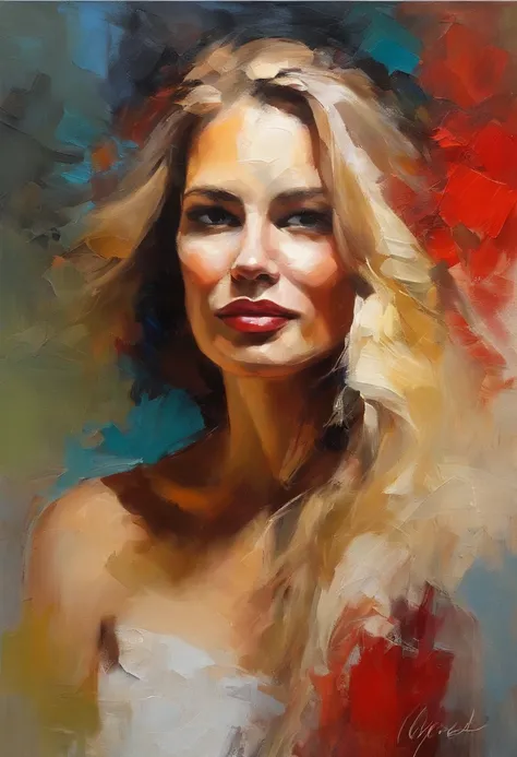 Female portrait, beautiful Nordic woman, long blond hair, smiling eyes, looking at camera, smiling mouth, low cut red dress, acrylic painting, bold and expressive brushwork, impressionistic style, detailed face, epic surreal background, heavy brushstrokes ...