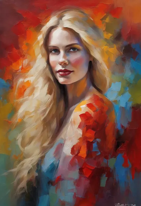 Female portrait, beautiful Nordic woman, long blond hair, smiling eyes, looking at camera, smiling mouth, low cut red dress, acrylic painting, bold and expressive brushwork, impressionistic style, detailed face, epic surreal background, heavy brushstrokes ...