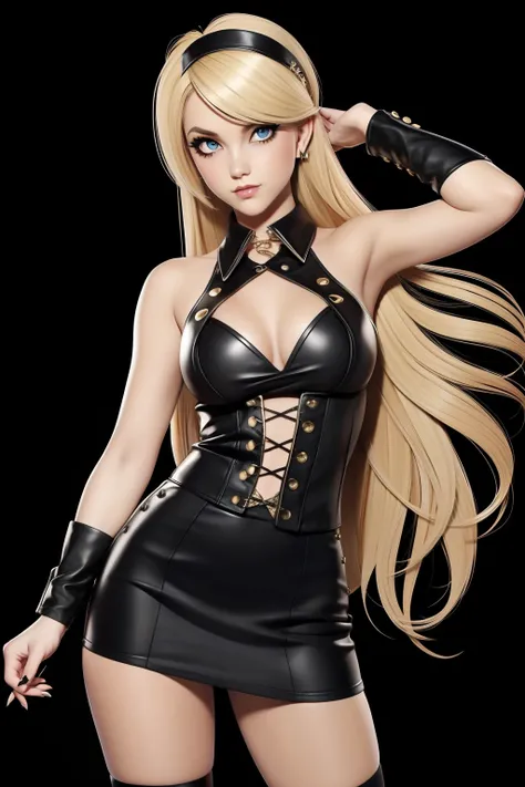 Blonde-haired Emo Pin up Girl, Black Faux, Lustrous zomp eyes, Striking a pose