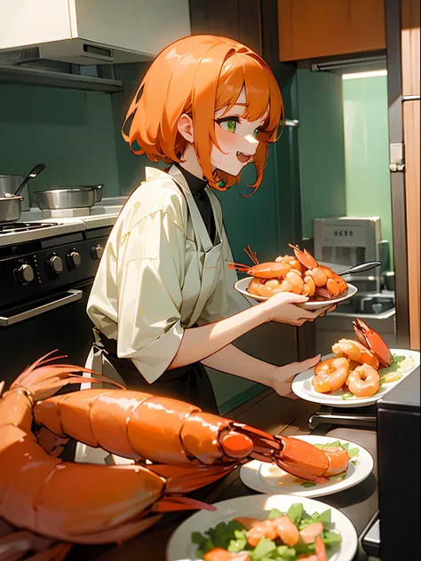 (1girl in、独奏、Competing Art、Orange hair、Green eyes、Laugh、Cooking in the kitchen、Eat shrimp on a plate)