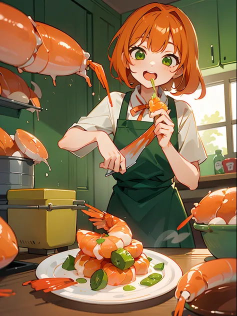 (1girl in、独奏、Competing Art、Orange hair、Green eyes、Laugh、Cooking in the kitchen、Eating shrimp on a plate)