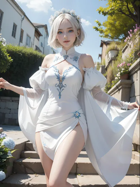 Natural steppes,White goddess blue eyes in human shape、beautiful body of a flower of a very attractive age with white pubic hair,,,,,,,,,,White Isekai Dress,short-hair,A smile,,Skinny Legs,