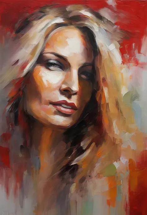 Female portrait, gorgeous woman, long blond hair, smiling eyes, looking at camera, smiling mouth, low cut red dress, acrylic painting, bold and expressive brushwork, impressionistic style, detailed face, epic surreal background, heavy brushstrokes with thi...