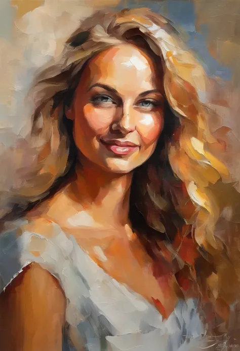 Female portrait, gorgeous woman, long blond hair, smiling eyes, looking at camera, smiling mouth, low cut red dress, acrylic painting, bold and expressive brushwork, impressionistic style, detailed face, epic surreal background, heavy brushstrokes with thi...