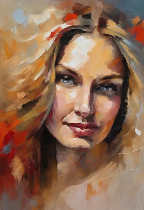 Female portrait, gorgeous woman, long blond hair, smiling eyes, looking at camera, smiling mouth, low cut red dress, acrylic painting, bold and expressive brushwork, impressionistic style, detailed face, epic surreal background, heavy brushstrokes with thi...