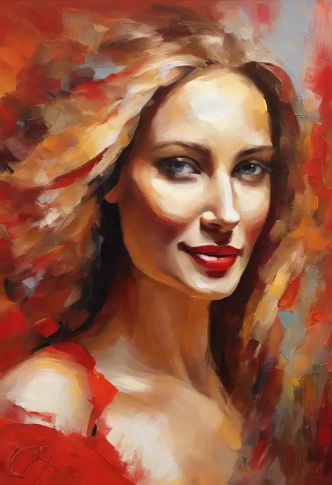 Female portrait, gorgeous woman, long blond hair, smiling eyes, looking at camera, smiling mouth, low cut red dress, acrylic painting, bold and expressive brushwork, impressionistic style, detailed face, epic surreal background, heavy brushstrokes with thi...