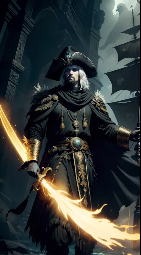 El "Pirata Fantasma" viste un traje de cuero negro con detalles dorados y un sombrero adornado con plumas. Your skin is pale and translucent, con ojos que brillan como llamas doradas. He wields a blackened gold saber and his crew are wandering souls.. En s...