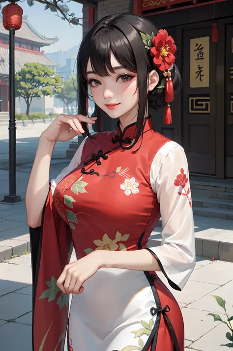 1lady solo, /(cheongsam with floral embroidery/), mature female, /(black hair/) bangs, blush kind smile, (masterpiece best quality:1.2) delicate illustration ultra-detailed, large breasts BREAK /(streets of China/) outdoors