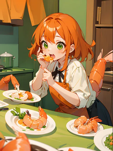 (1girl in、独奏、Competing Art、Orange hair、Green eyes、Laugh、Cooking in the kitchen、Eating shrimp on a plate)